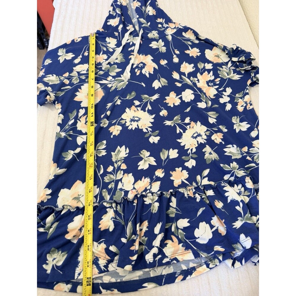 Ninexis Women's Floral Hoodie Top M Blue Ruffle Hem Short Sleeve Boho - Picture 9 of 15